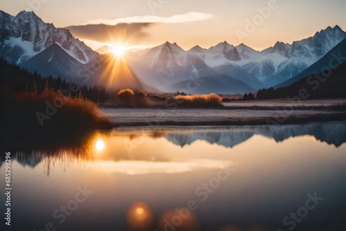 A Photograph of a serene prismatic landscape drenched in soft hues, capturing the ethereal beauty of the setting sun against distant snowy mountains.