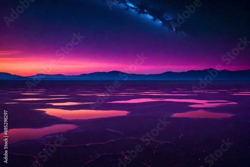 A surreal, alien-like landscape of a shimmering, multi-colored salt flat that extends to the horizon beneath a surreal, vibrant, and star-studded night sky.