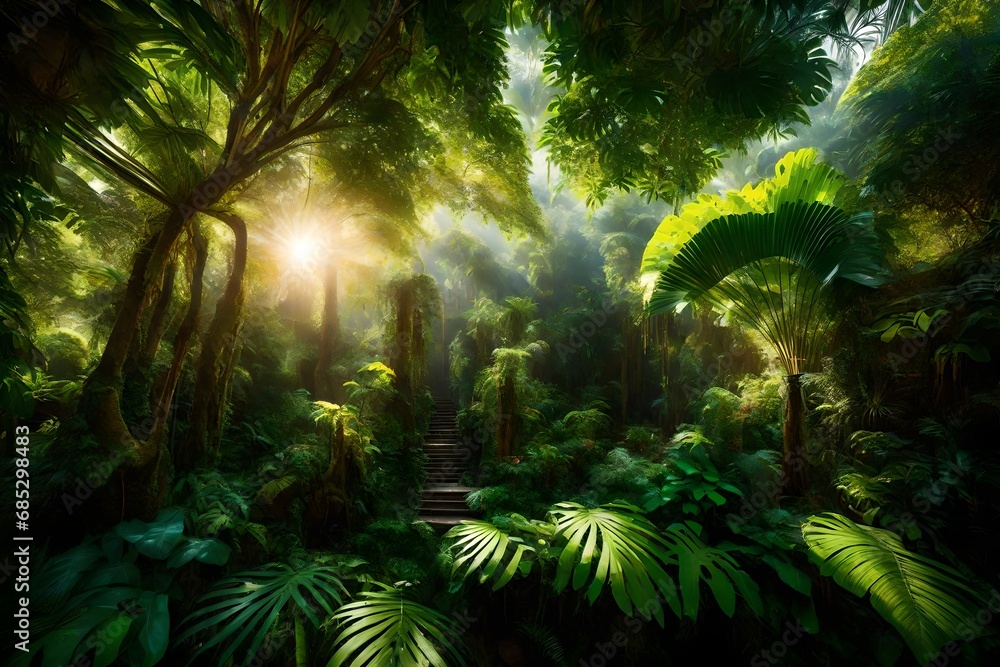 Picture a lush, tropical rainforest canopy, with vibrant foliage and exotic wildlife, all bathed in the dappled sunlight filtering through the leaves.