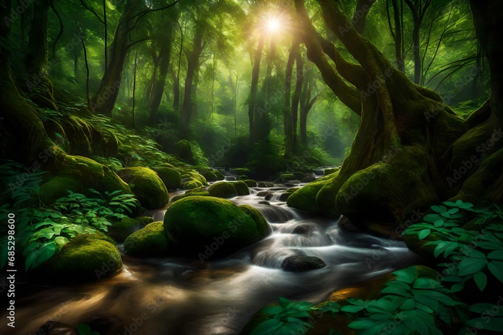 Imagine a lush, emerald-green forest with a winding stream cutting through the dense canopy, with dappled sunlight filtering through the leaves. Imagine a lush, emerald-green forest with a winding stream cutting through the dense canopy, with dappled sunlight filtering through the leaves.