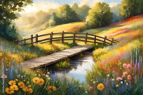 Craft an image of a tranquil, idyllic countryside with rolling hills, a quaint wooden bridge over a small stream, and a vibrant field of wildflowers.