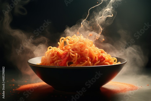 A bowl of spaghetti with a steam rising from it 