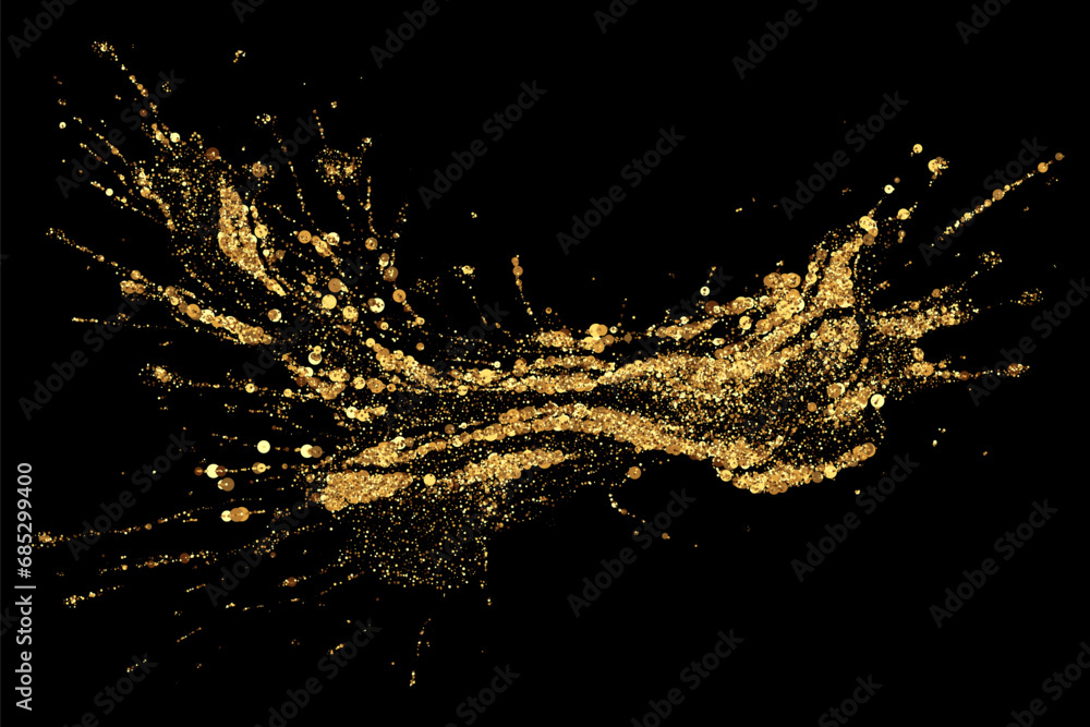 Obraz premium Gold glitter texture on a black background. Festive background. Golden explosion of confetti. Design element.
