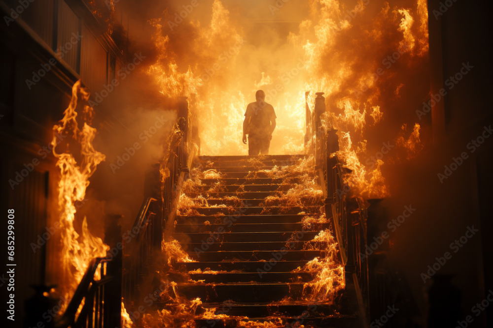 Person walking down stairway to hell through fire after death. Generative Ai
