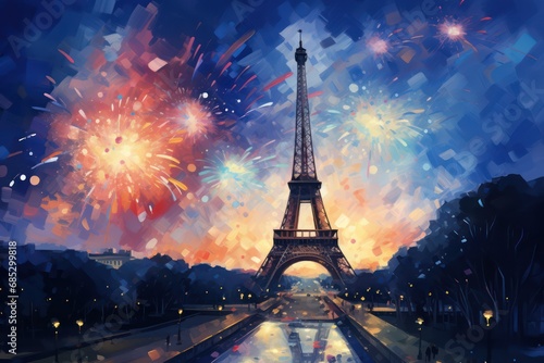 A painting of eiffel tower with fireworks in the background