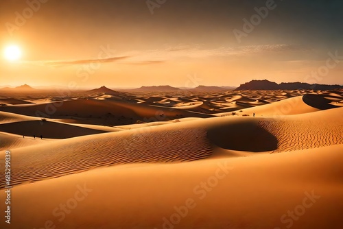 Generate a breathtaking desert landscape at sunset, with sand dunes that stretch as far as the eye can see.