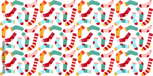 Seamless pattern with colorful socks. Sox with different drawings  patterns and design. Design for fabric  textile  wrapping  apparel  wallpaper. Flat vector illustration. 