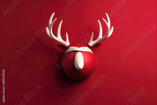 Abstract minimal christmas deer face on white and red colors with antlers in red background photo