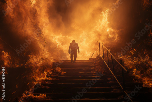 Person walking down stairway to hell through fire after death. Generative Ai