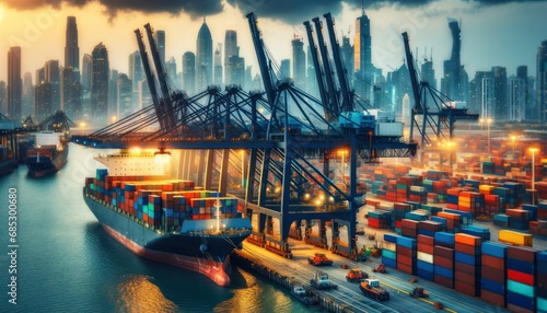Dynamic Harbor Activity: Unloading Containers with Urban Backdrop photo