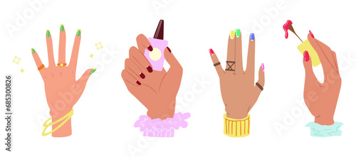 Set of female hands with colored manicured nails, rings. Nails design. Hand drawn colored modern vector illustration isolated on white background.