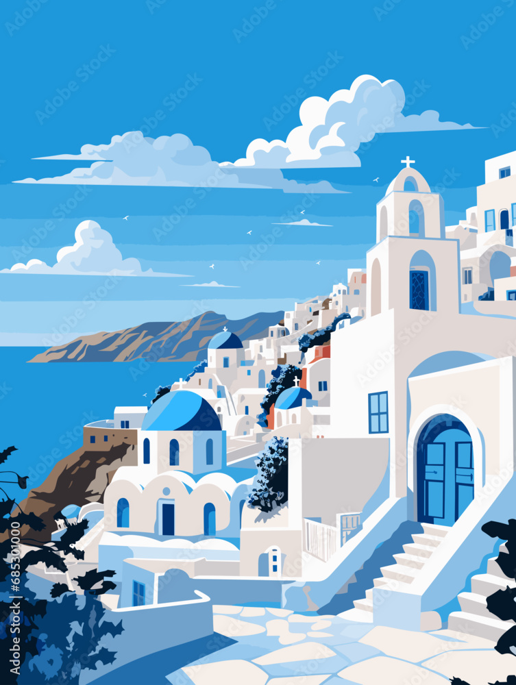 Santorini illustration in vector - obrazy, fototapety, plakaty 