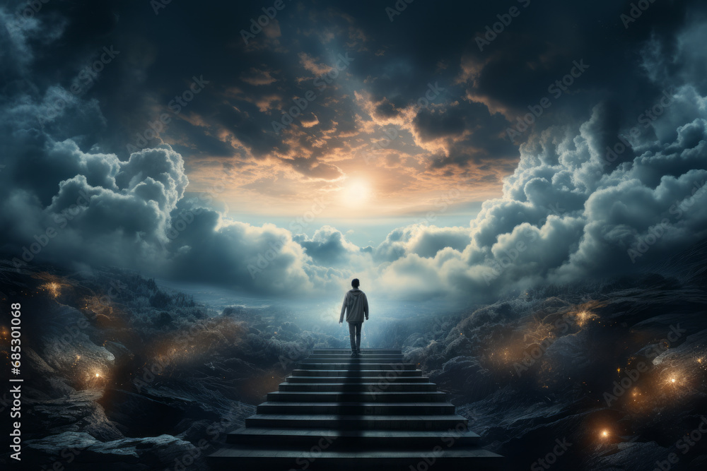 Person walking up stairway to heaven through clouds in the sky after death. Generative Ai - obrazy, fototapety, plakaty 