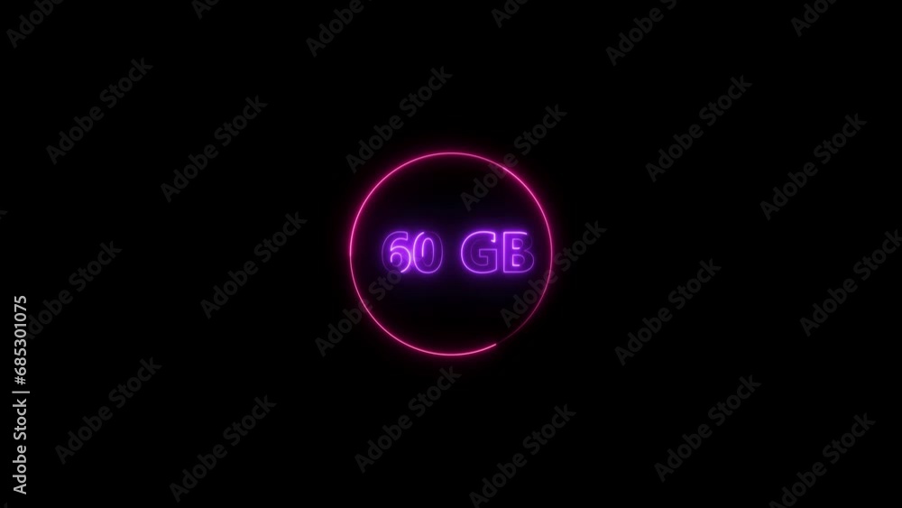 Abstract 60 GB Glowing neon light text Animation. Black background pink circle in 60 GB magenta animated. Abstract 60 GB Glowing neon light text Animation. Black background pink circle in 60 GB magenta animated.
