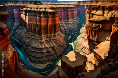 Imagine a grand canyon-like chasm with sheer cliffs on either side, layers of sediment and striking geological formations, with a river winding through it.