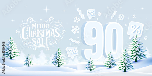 Merry Christmas, 90 percent Off discount. Sale banner and poster. Vector illustration.