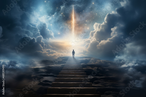 Person walking up stairway to heaven through clouds in the sky after death. Generative Ai photo