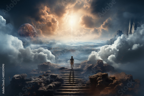 Person walking up stairway to heaven through clouds in the sky after death. Generative Ai