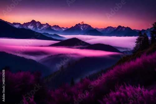 A Photograph capturing a serene mountainscape at twilight  painted in vibrant hues of pink and purple amidst a blanket of mist and rejuvenating coolness.