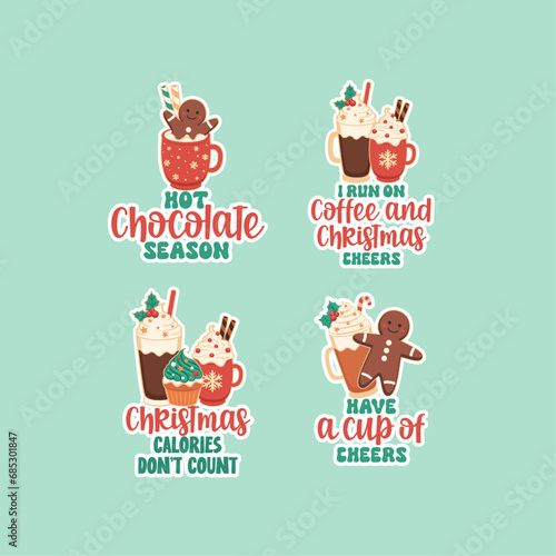 Christmas gingerbread, coffee and cupcakes badges, stickers set with quotes. Hot chocolate season, I run on coffee and Christmas cheers, Christmas calories don't count, Have a cup of cheers.



