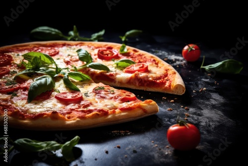 Pizza Margherita on black stone background