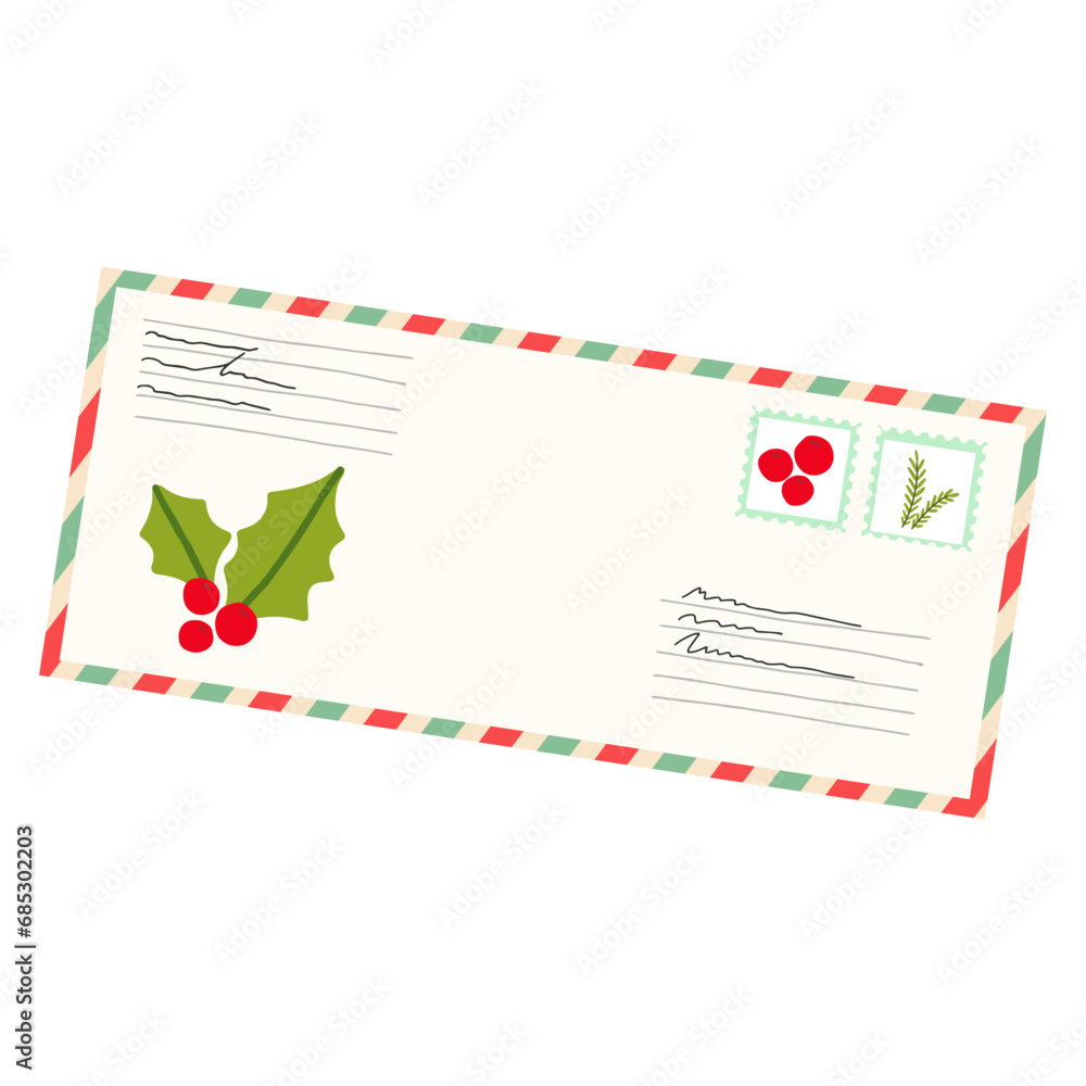Vector cartoon illustration of a Christmas paper envelope with airmail stripes and stamps. The concept of the postal service. Isolated design on a white background. Vector cartoon illustration of a Christmas paper envelope with airmail stripes and stamps. The concept of the postal service. Isolated design on a white background.