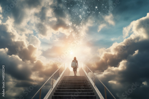 Person walking up stairway to heaven through clouds in the sky after death. Generative Ai photo