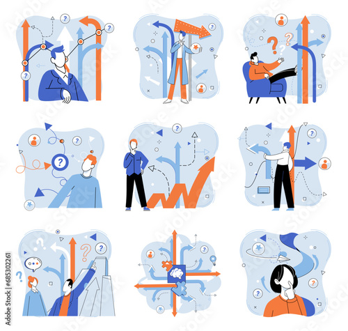 Business solution vector illustration. The business solution concept emphasizes importance creativity and innovation in problem solving Ambitious individuals in business strive for success and seek