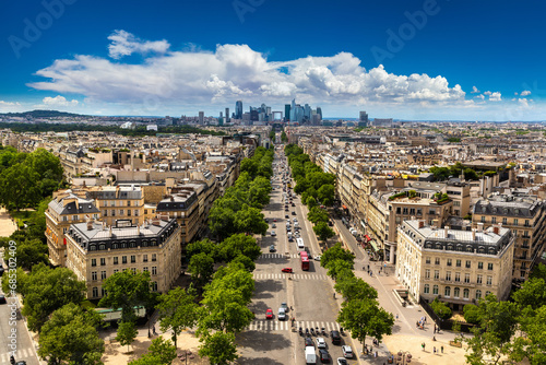 Panoramic aerial view of Paris from Arc de Triomphe in a sunny day, France photo