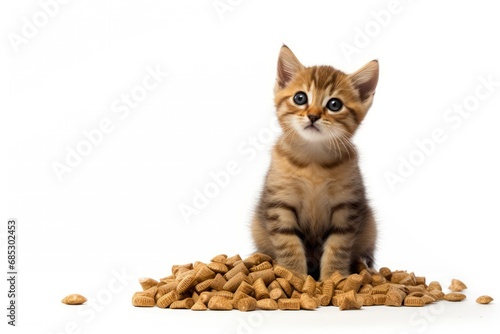 A kitten sits next to a pile of peanuts white background