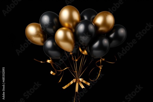 A bunch of black and gold balloons with a gold ribbon