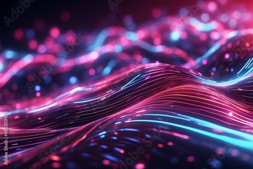 abstract background with pink blue glowing neon lines and bokeh lights. Data transfer concept. Digital wallpaper photo