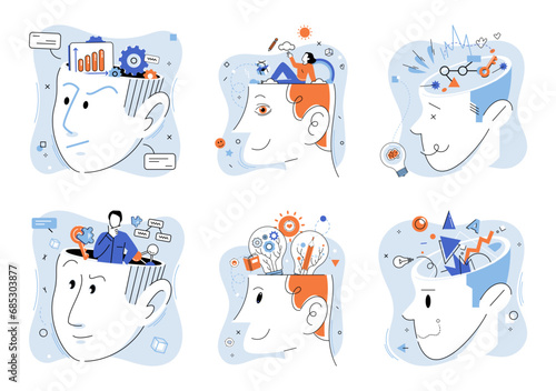 Mindset. Vector illustration. The mindset concept encourages us to think beyond our limitations Learning is continuous process improvement Inspiration fuels creative thinking and innovation Positive