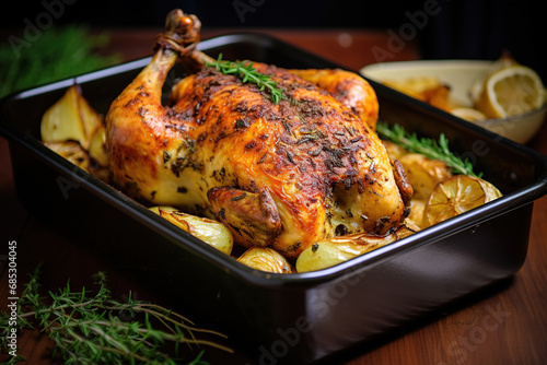 Roasted chicken with herbs and spices in a baking dish