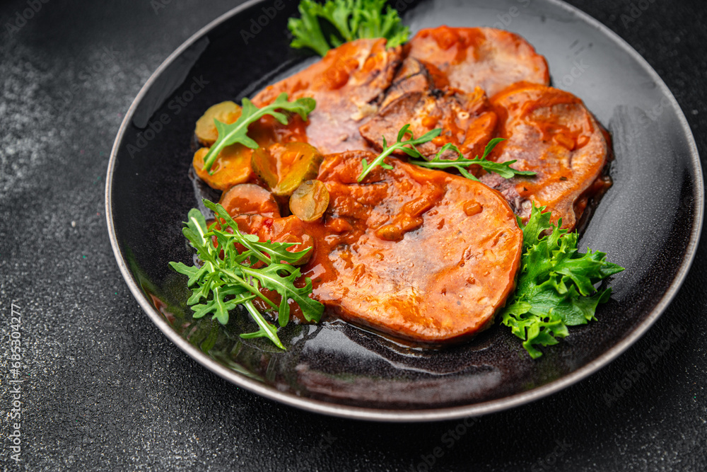 beef tongue hot sauce fresh eating meal cooking appetizer food snack on the table copy space food background rustic top view beef tongue hot sauce fresh eating meal cooking appetizer food snack on the table copy space food background rustic top view