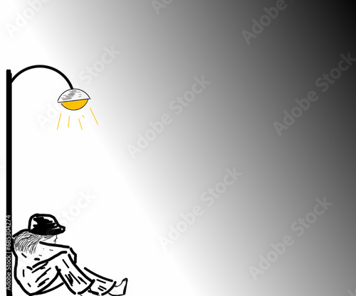 Illustration design of a person with long hair in a hat leaning under a lamp post in sadness photo