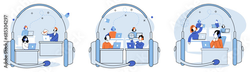 Call center hotline. Vector illustration. IT support is readily available through call center hotline for all technical issues Technology plays crucial role in functioning call center hotline