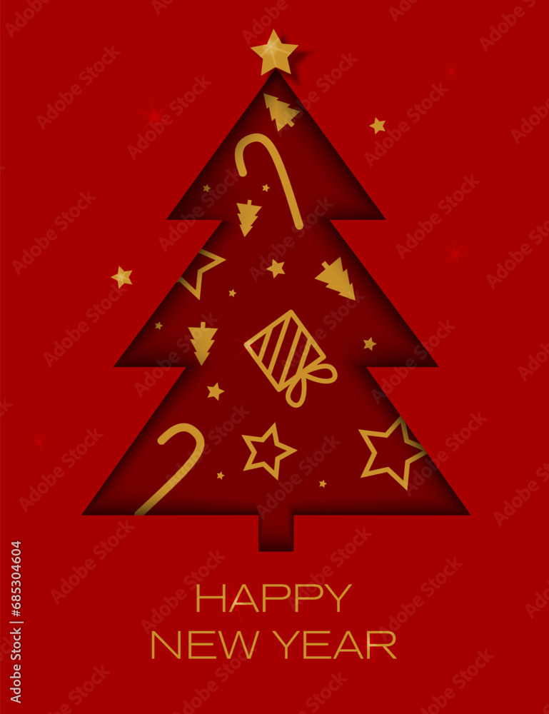 Festive card for the New Year. Red Christmas tree in the style of cut out of paper on a red background. Vector illustration. Festive card for the New Year. Red Christmas tree in the style of cut out of paper on a red background. Vector illustration.