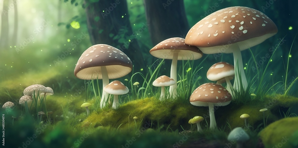 Fototapeta premium Fairy tale in mashrooms in the forest. AI generated illustration