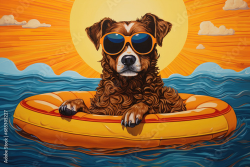 Illustration of Summer Dog on a Raft Wearing Sunglasses © JJAVA