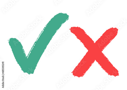 Clipart minimalistic set of green checkmark and red cross isolated on white background. Vector large textured elements, to-do list, hand drawn doodle.