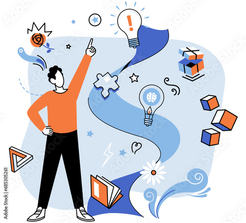 Creative thinking. Vector illustration. Discovery is sweet reward determined minds, driven by curiosity and motivated by thirst for knowledge Intelligence, like brilliant star in night sky