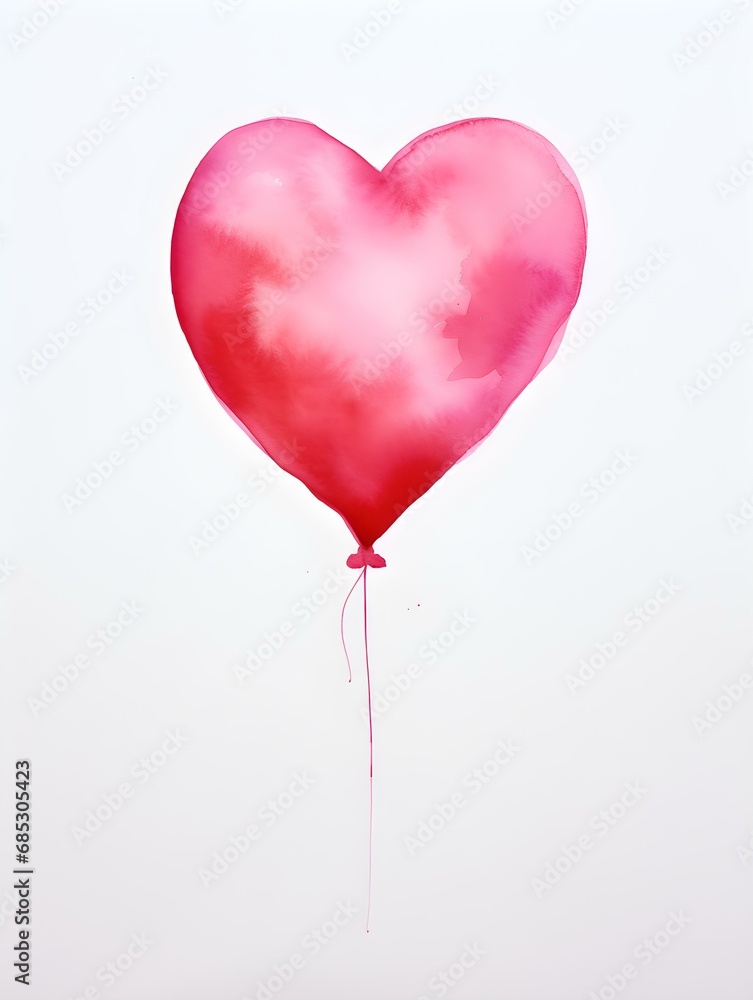 Drawing of a Heart shaped Balloon in hot pink Watercolors on a white Background. Romantic Template with Copy Space
