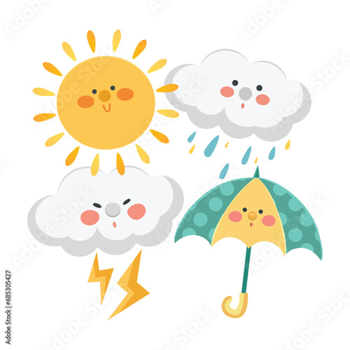 Illustration of the funny cloud  umbrella and sun. Seasonal weather image