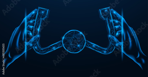 Autopilot, hands holding the steering wheel of the aircraft. Polygonal design of interconnected lines and points. Blue background.