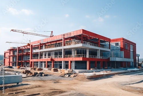 Red building under construction, industrial development, construction site engineering. Generative Ai