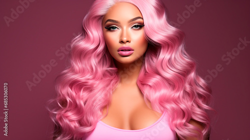 Portrait of a beautiful young woman with long pink hair. Beauty  fashion