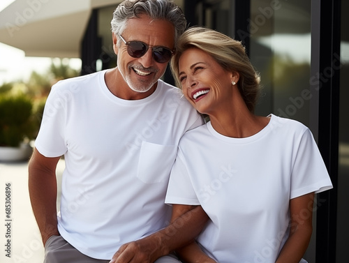 A senior couple wearing white matching t-shirts mockup for design template