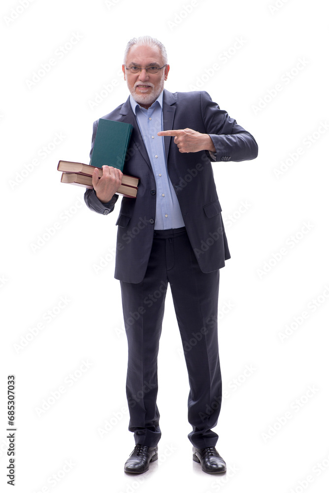 Old businessman holding books isolated on white Old businessman holding books isolated on white