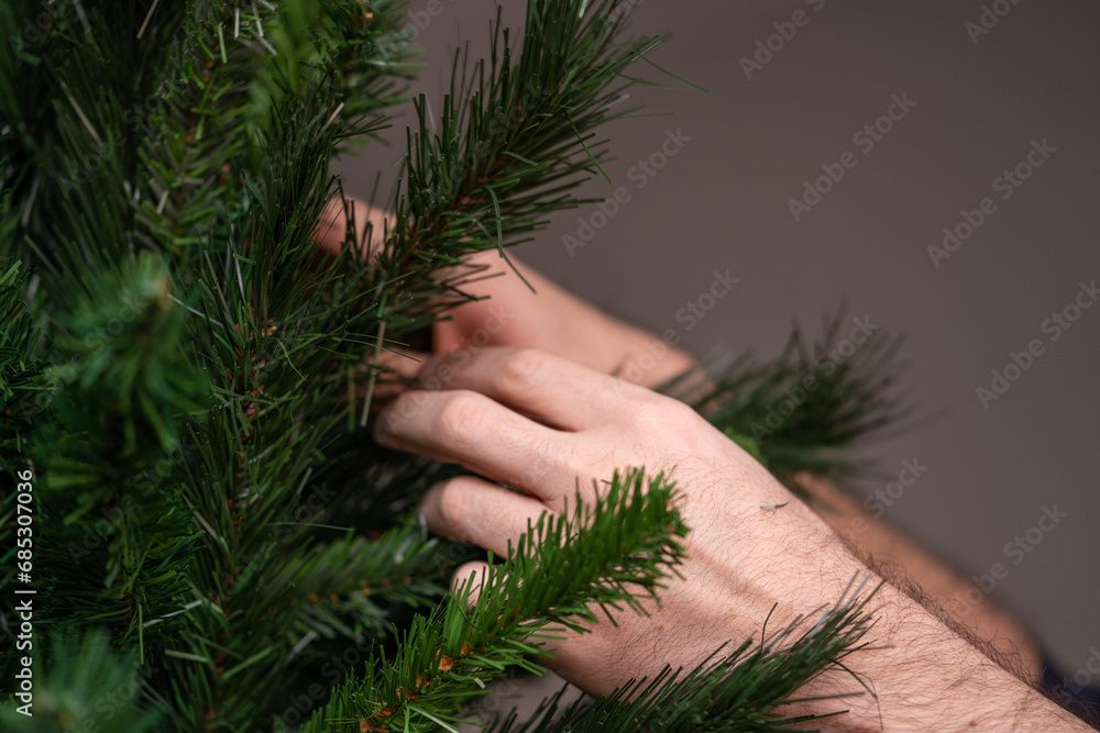 mano de hombre arreglando ramas de árbol de navidad con acercamiento - obrazy, fototapety, plakaty 